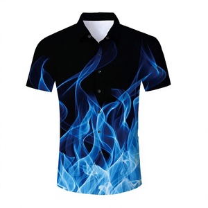 Men's Short Sleeve Button Down <b>Shirt</b> Blue <b>Flame</b> Print Casual Wear Digital Printing Polyester Woven Breathable Style - Product Image 1