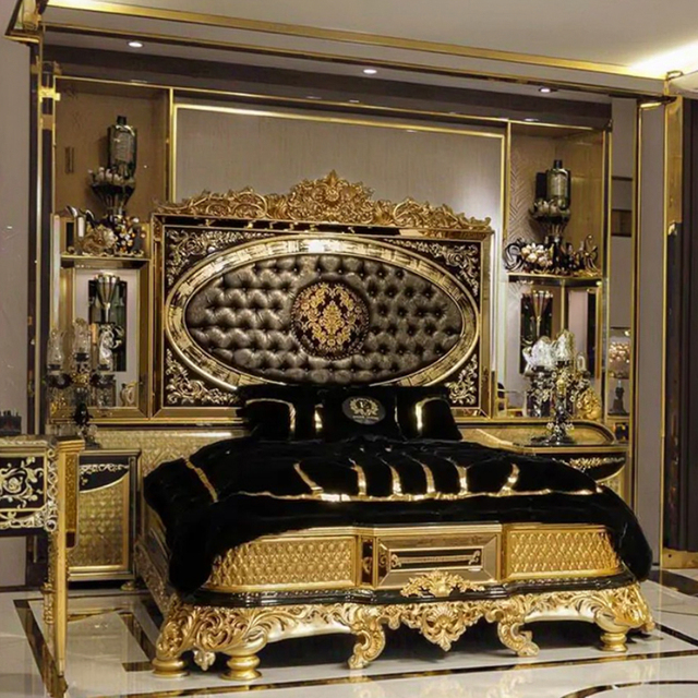 Turkish Middle East Eastern Luxury Antique Royal Hand Carved Bed Room Furniture Set Five Pieces Black Gold African American
