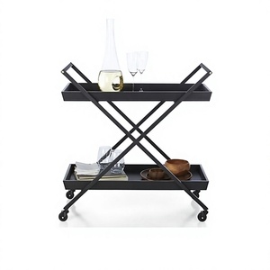 Chariot de service à 2 niveaux en fer, 4 roues, design avantageux, couleur noire, chariot de service alimentaire en gros - Product Image 1