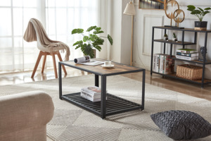 <span class=keywords><strong>Table</strong></span> basse rectangulaire industrielle avec étagère de rangement à lattes, plateau en bois rustique pour salon - Product Image 2