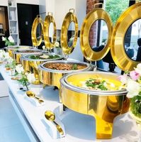 Plat de service chauffant et réchaud buffet rond en acier inoxydable doré 6L avec grande fenêtre en verre, style royal moderne de luxe, alimenté à l'alcool