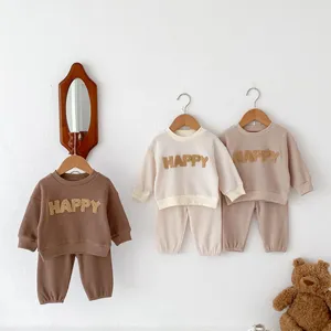 Fashion Casual Waffle Long Sleeve Tops And Pants Baby Boy Clothes Set