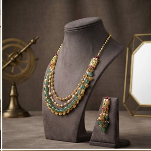 Ensemble de bijoux fins couleur or, collier superposé et boucles d'oreilles, pendentif perle verte, pour mariage et fête - Product Image 3