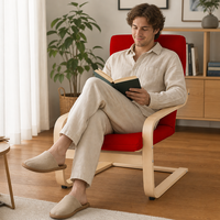 Fauteuil moderne en bois de bouleau courbé de style nordique, ergonomique, dossier haut, tissu rouge rembourré, fauteuil de relaxation pour salon