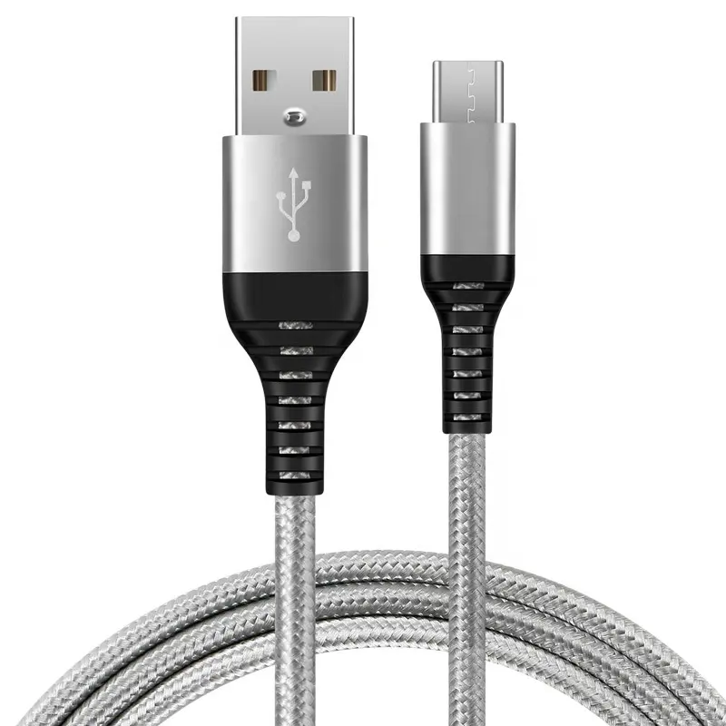 Wholesale certified nylon braided aluminum alloy 3ft/1m OD 3.5mm 2.4A silver/golden Micro usb cable