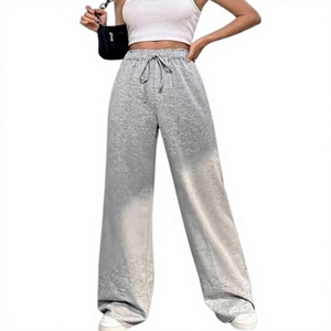 Women's Wide Leg <b>Pants</b> High Waist Loose Fit <b>Drawstring</b> Casual Solid Gray Full Length Knitted Cotton Trousers Autumn Wear - Product Image 4