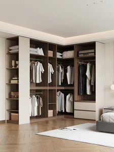 Cabina Armadio Moderna a L Minimalista Color Crema con Zone Aperte e Cassetti, Soluzione di Lusso per Armadio da Camera Matrimoniale - Product Image 3