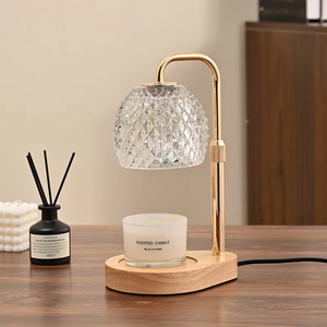 Modern Crystal <b>Shade</b> <b>Candle</b> Warmer <b>Lamp</b> with Wooden Base and Gold Metal Stand - Product Image 1