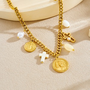 European American Style Vintage Pearl Cross Oval Plaque Saint Image Pendant Stainless Steel Set Necklace Bracelet Gift - Product Image 2
