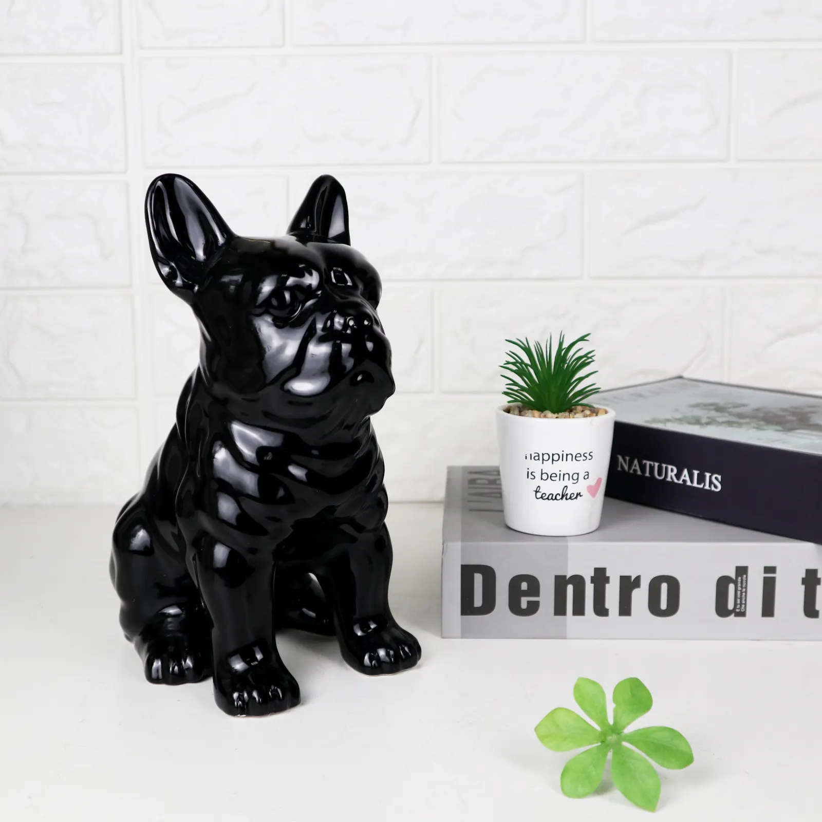 Redeco Ceramic Animal Decor Black Glazed Dog Bull Dog Statue Animal Statue