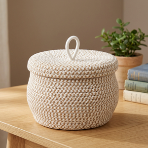 Panier de rangement rond en corde avec couvercle et poignée, style nordique, pour l'organisation des articles divers - Product Image 2