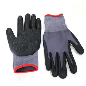 excellent grip 15Gauge grey Nylon elastic fiber knitted nitrile foam palm coated Gloves with nubs