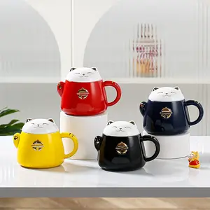 Desenhos animados 3d caneca criativa sorte gato cerâmica xícara de café com tampa