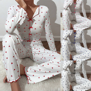2026 Dames Pyjama Set Sexy Kant V-hals Strik Nachtkleding Hart Print Lange Mouwen & Broek Nachtkleding Loungewear Outfit - Product Image 2