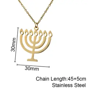 Aço Inoxidável 316l Pvd 18k Banhado A Ouro Personalizado Judaísmo Menorah Judaico Tatuagem Colar Fé Shabbat Amuleto Colar Mulheres Homens