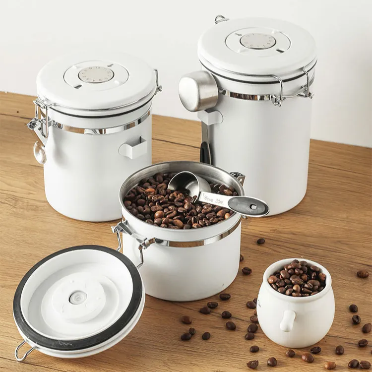 1800Ml Kitchen Storage Containers For Coffee Bean Storage Airtight Stainless Steel Coffee Canister Round Shape Cafe Can