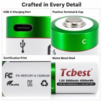 Batterie rechargeable au lithium 1,5 V type C 4500 mAh 1200 cycles pour lanterne, lampe torche, radio