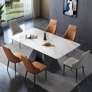 Table à manger moderne de style italien en acier au carbone avec plateau en pierre, pieds noirs fixes, mobilier pour la maison, restaurant, appartement - Product Image 1
