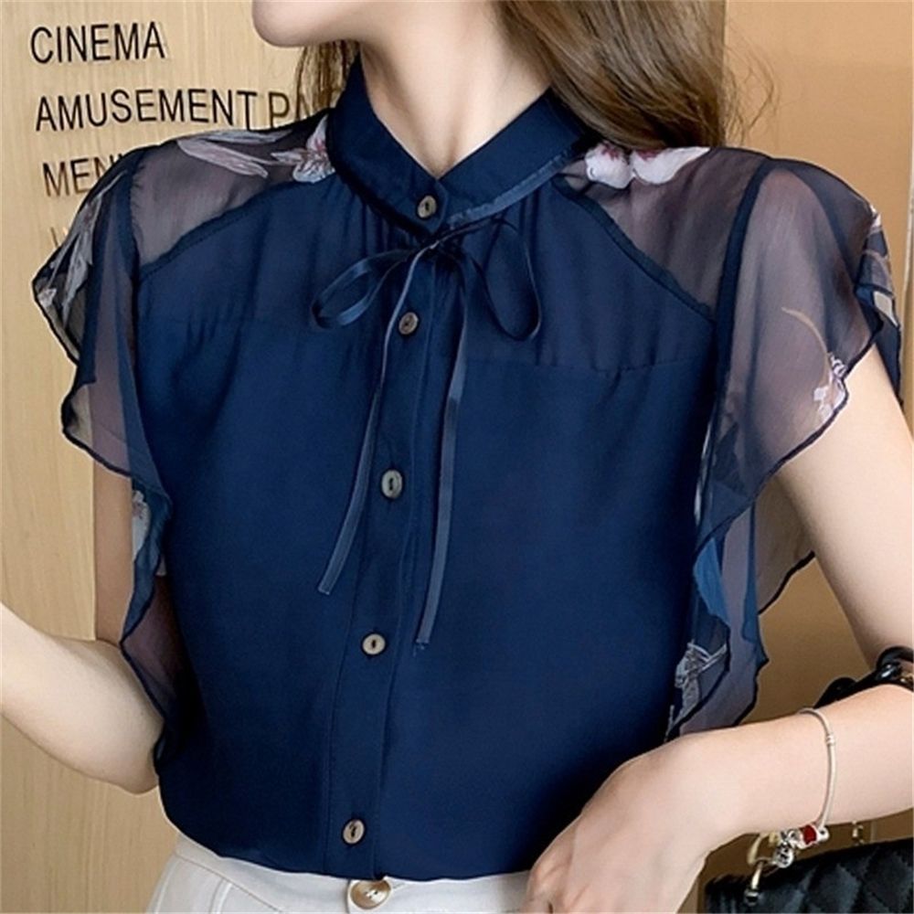 Summer Women Chiffon Blouses Shirt Women Tops Short Sleeve Navy Blue Blouse  Women Blusas Mujer De Moda 8333#
