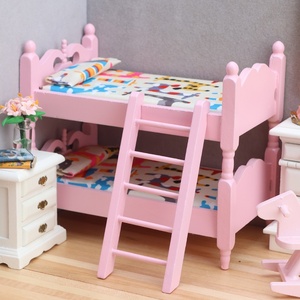 Meubles miniatures en bois <span class=keywords><strong>pour</strong></span> <span class=keywords><strong>maison</strong></span> <span class=keywords><strong>de</strong></span> poupée 1:12, modèle <span class=keywords><strong>de</strong></span> chambre d'enfant, lit superposé rose à deux étages - Product Image 1