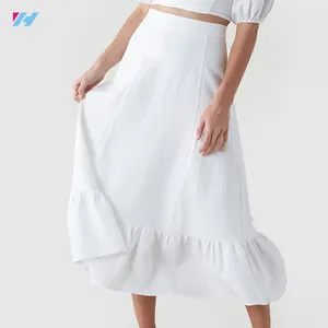 Custom High Quality A Line White Ruffle Hem Midi Long Linen Skirt For Women