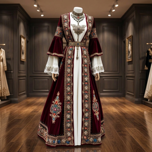 Women Velvet Embroidered Floor-Length Modest <b>Dress</b> V-Neck Long Sleeve A-Line Evening Formal <b>Dress</b> <b>Winter</b> Floral Pattern - Product Image 2