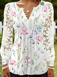 Chemisier à manches longues en dentelle à imprimé floral pour femme, taille plus - Haut Henley à col en V avec bord festonné pour un style décontracté et les vacances - Product Image 5