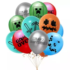 Venda por atacado bloco de tema festa de aniversário, suprimentos para festa de aniversário pixel feliz aniversário bandeira puxar bandeira mine-artesanato impressão balões de látex