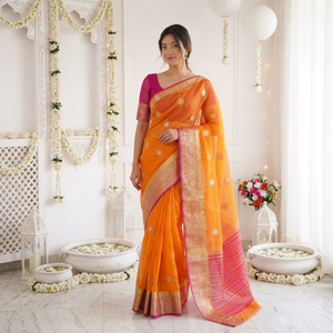 Sari en soie orange AARA Fashion avec bordure rose et travail Zari doré, protection solaire, tenue de mariage, sari indien traditionnel pour femme, longueur au sol - Product Image 1