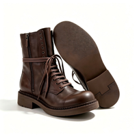 Sepatu Bot Kulit Coklat Vintage Wanita Model Combat Setengah Betis, Tali, Ritsleting Samping, Hak Tebal, Kasual, Gaya Motor