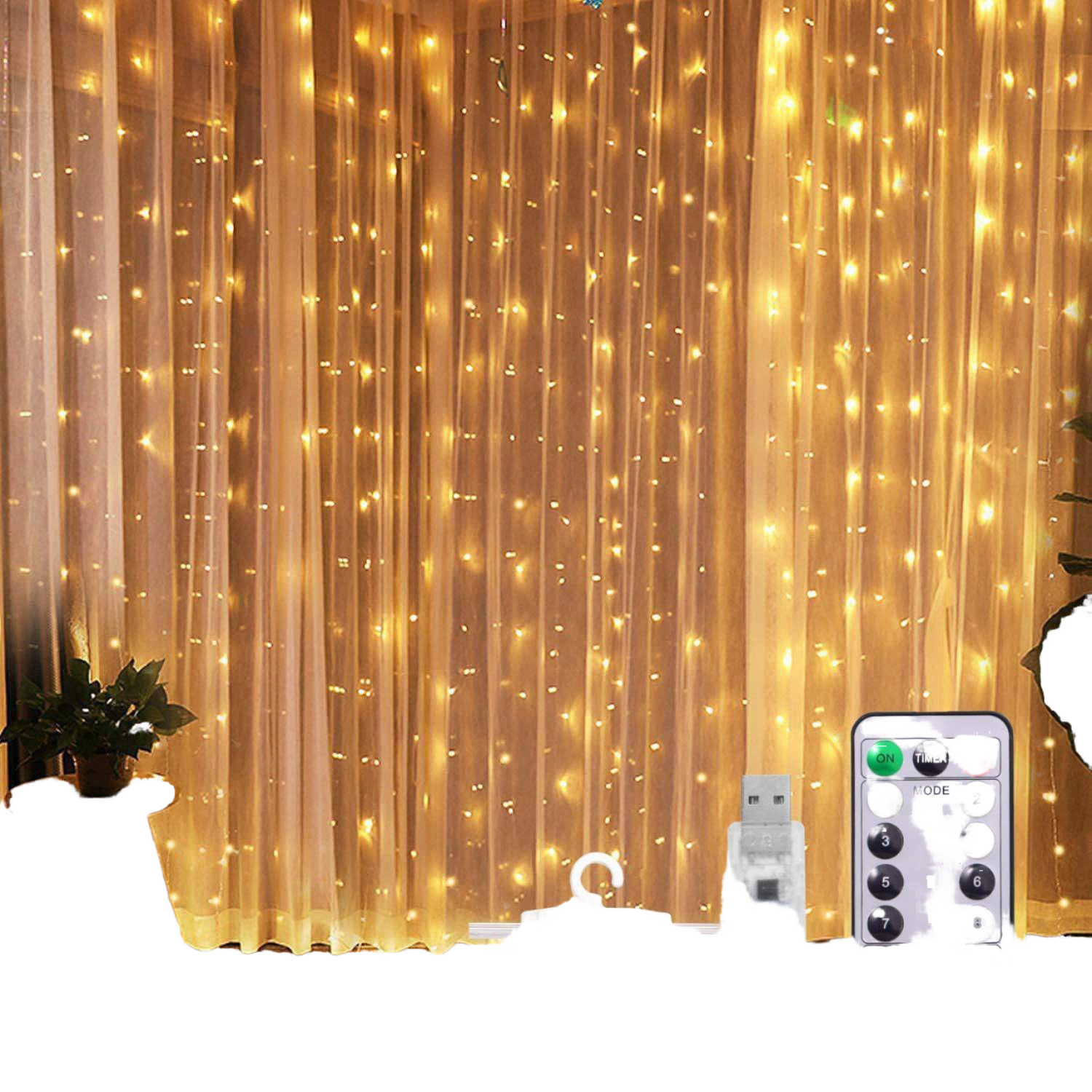 Hongdong Waterproof Indoor LED Curtain Lights 3*3m 3*2m 3*1m Fairy String 8 Modes IP65 Warm White Dimmable Rechargeable Decor