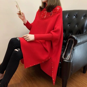 <span class=keywords><strong>Pull</strong></span>-over ajouré à <span class=keywords><strong>perles</strong></span> pour femmes, poncho à manches longues, en tricot, ample, dernière collection - Product Image 3