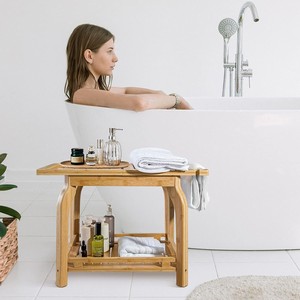Bamboo <b>bathroom</b> <b>stool</b>, two-tier, multi-functional, suitable for home use, made of wood, ideal for changing shoes and washing - Product Image 2