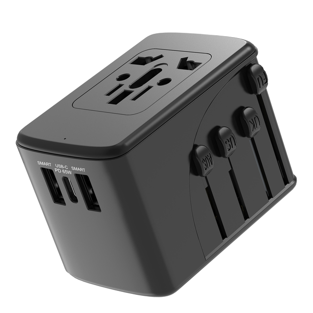Universal Travel Charger 65W GaN USB Type C Adapter 3 Port Worldwide Voltage Compatible for US UK EU AU with 5V/2A Input
