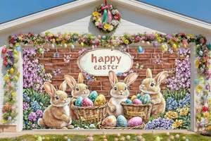 Bandera para puerta de garaje de Pascua, diseño de conejito lindo, <span class=keywords><strong>huevos</strong></span> coloridos, floral, ladrillo rojo, cubierta para puerta de garaje, decoración personalizable para fiestas al aire libre - Product Image 1