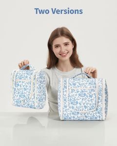 Blue Flower Hanging Toiletry Bag Water-Resistant Makeup Bag with 360° Spinning Metal Hook Large Travel Cosmetic Organizer - Product Image 6