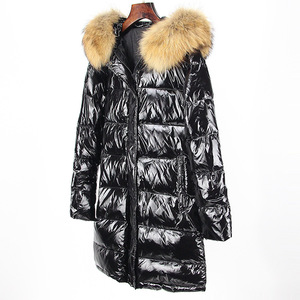 Long Style brillant noir vers le bas manteau femmes hiver mode réel duvet de canard veste moelleux raton laveur col de <span class=keywords><strong>fourrure</strong></span> veste - Product Image 4