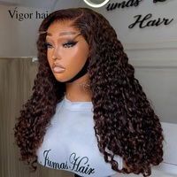Perruques de luxe en cheveux humains naturels, bouclés, ondulés effet eau, avec dentelle HD 5x5, 20 pouces, 300% de densité, mèches brunes, personnalisables, pour boucles de bébé