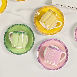 Colorful Geometric Ceramic Coffee Cup And Saucer <b>Set</b> 6 Pieces Bone China Espresso Cups For Home Kitchen And Afternoon Tea - Product Image 1