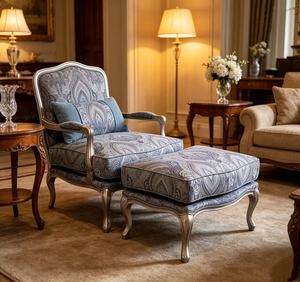 Luxury French Paisley Armchair & Ottoman Set, Upholstered Living Room Accent Chair with Silver <b>Frame</b> - Product Image 3