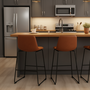 Juego de 4 taburetes de bar modernos de 26 pulgadas de altura, con asiento de cuero sintético, patas metálicas sin brazos, color marrón, para cocina y comedor. - Product Image 2