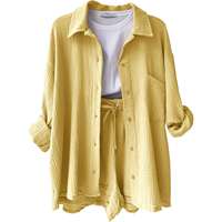 Ensemble décontracté deux pièces pour femme I-0553 : Nouvelle veste d'usine printemps-automne avec chemise à manches longues à revers volantés et short