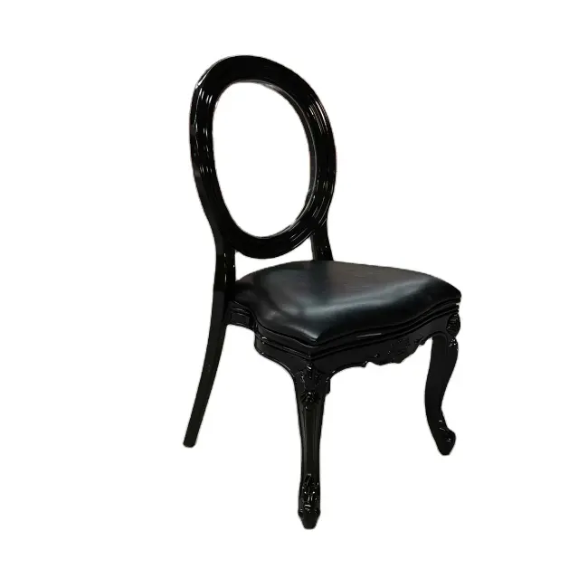 Sedia Louis impilabile classica in resina di colore nero in materiale PP con schienale in cristallo per matrimonio