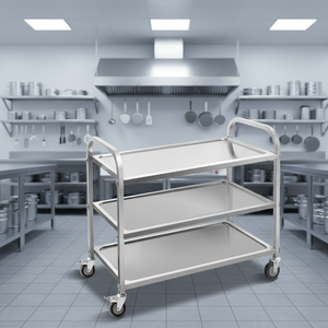 Restaurant Hotel Takeout Dreischichtiger Multifunktionaler Servierwagen aus Edelstahl mit Verstärkten Quadratrohren und Polierten Rollen - Product Image 1