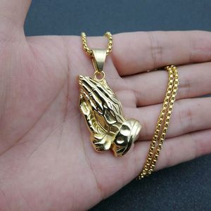Collier avec pendentif mains en prière plaqué or en acier inoxydable, bijoux de mode unisexe, cadeau - Product Image 5
