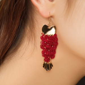 Fashion Drop Earrings PVD Gold Plated 316L Stainless Steel <b>Red</b> <b>Glitter</b> Layers Heart Top Fan Dangle Design - Product Image 3