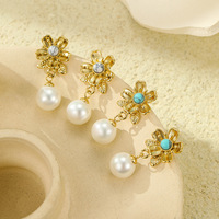 Boucles d'oreilles pendantes Novirassine de luxe en pierre naturelle, motif floral, tendance, turquoise, acier inoxydable, plaqué or 18 carats, pour femme, idéales pour les soirées