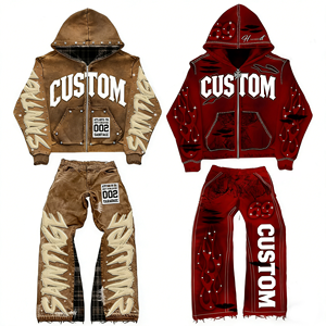 Custom Logo Acid Wash Hoodie Set Men Embroidered Flared Sweatpants Tracksuit Vintage Streetwear Heavyweight Cotton Zipper Hoodie - Product Image 1
