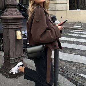 2026秋冬ファッション レースアップ ダブルブレスト 長袖ジャケット ハイストリートウェア レディース 無地 ショートトレンチコート - Product Image 3