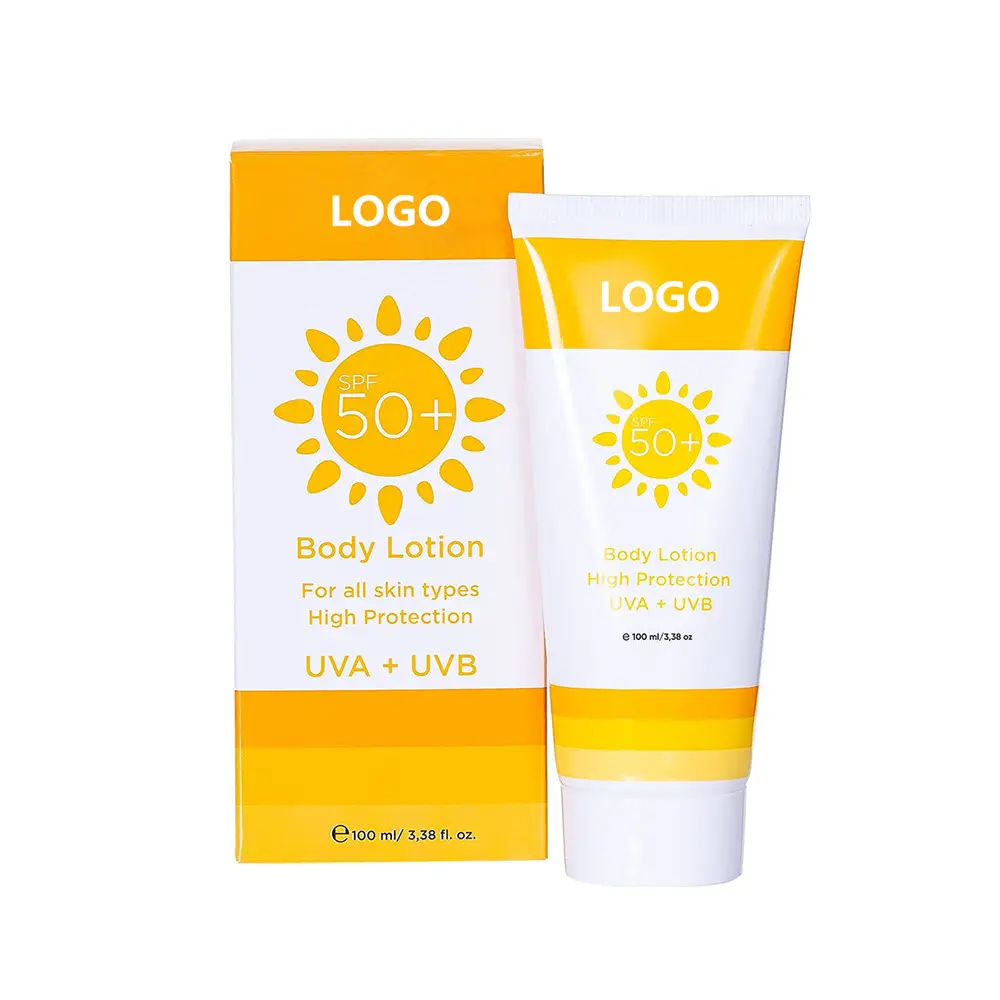 Özel etiket yüksek koruma UVA ve UVB beyazlatma SPF 50 güneş koruyucu vücut losyonu